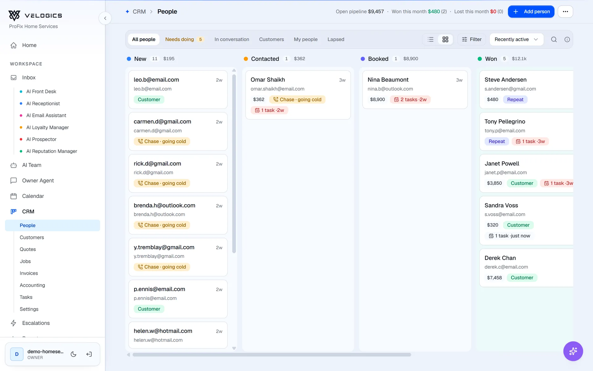 Velogics CRM: people in New, Contacted, Booked and Won columns with deal values
