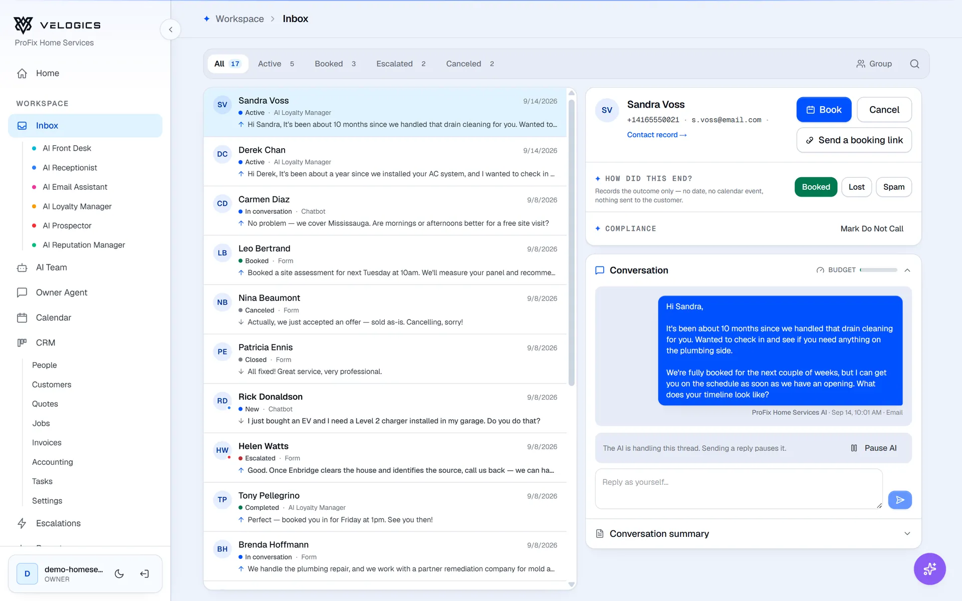 Velogics inbox: the AI Loyalty Manager checks in with a past drain-cleaning customer